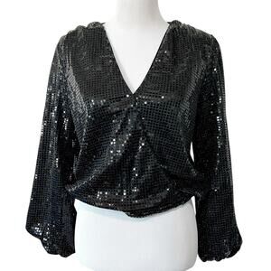 Womens Black Sequin Top Wrap Style V-Neck Long Balloon Sleeves Party Glam Sz M